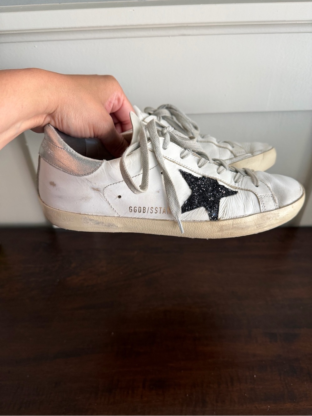 Golden Goose Superstar black glitter star silver heel size 38